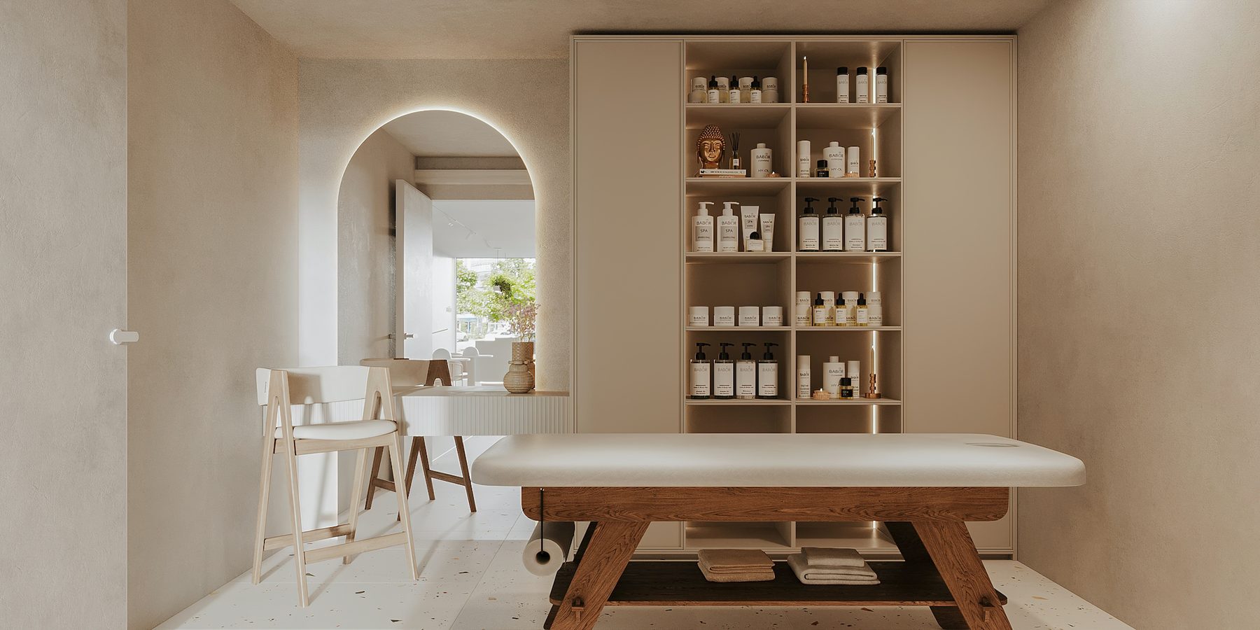 In-home facial treatment table and linens set up inside an Orlando client's home by Perla Esthetics
