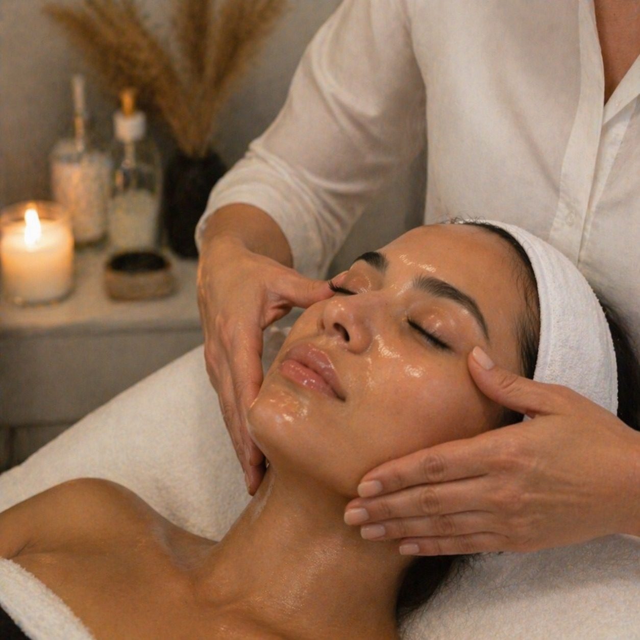 Relaxing facial massage setting with candles ahead of an event in Orlando