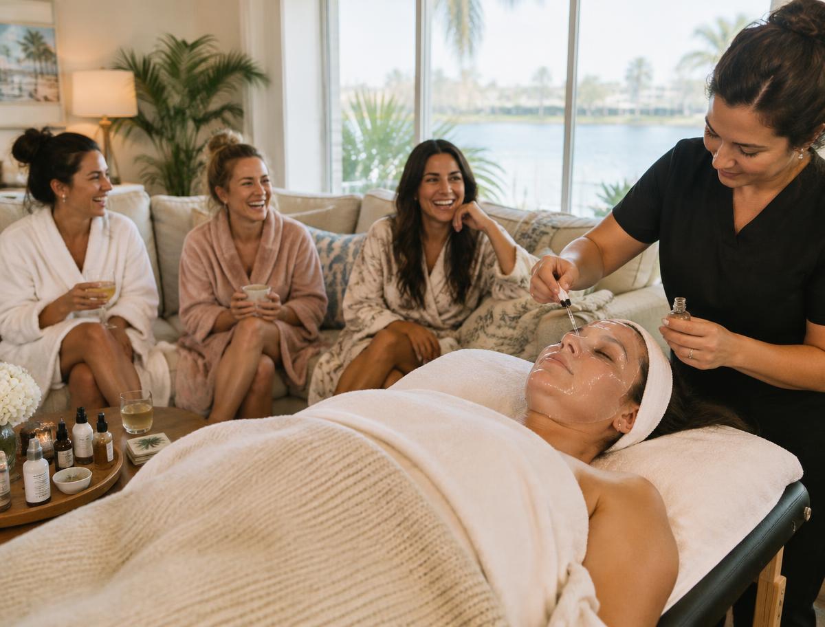 Small group of friends at a private facial party in an Orlando home