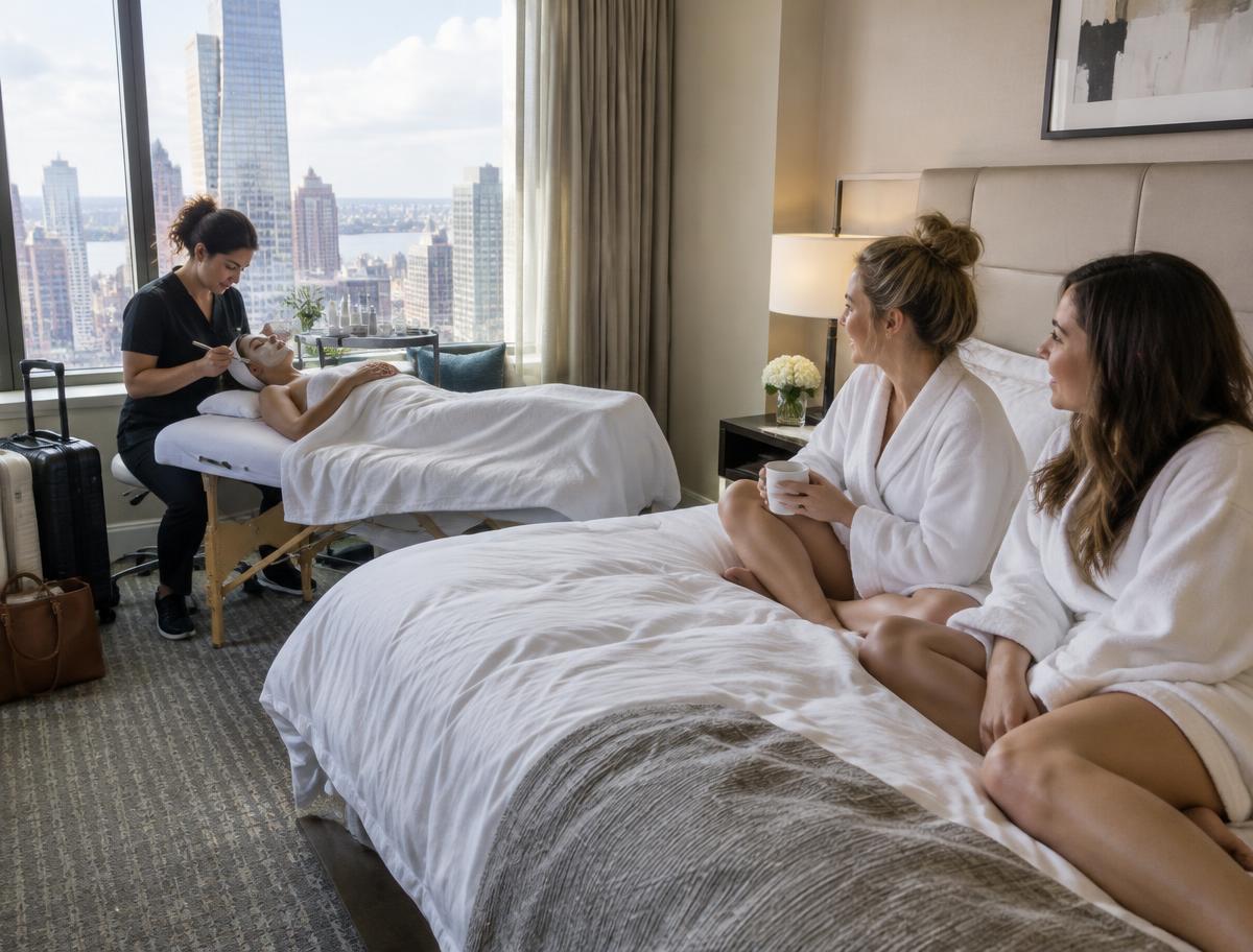 Private group facial setup in a hotel suite for Lake Buena Vista visitors