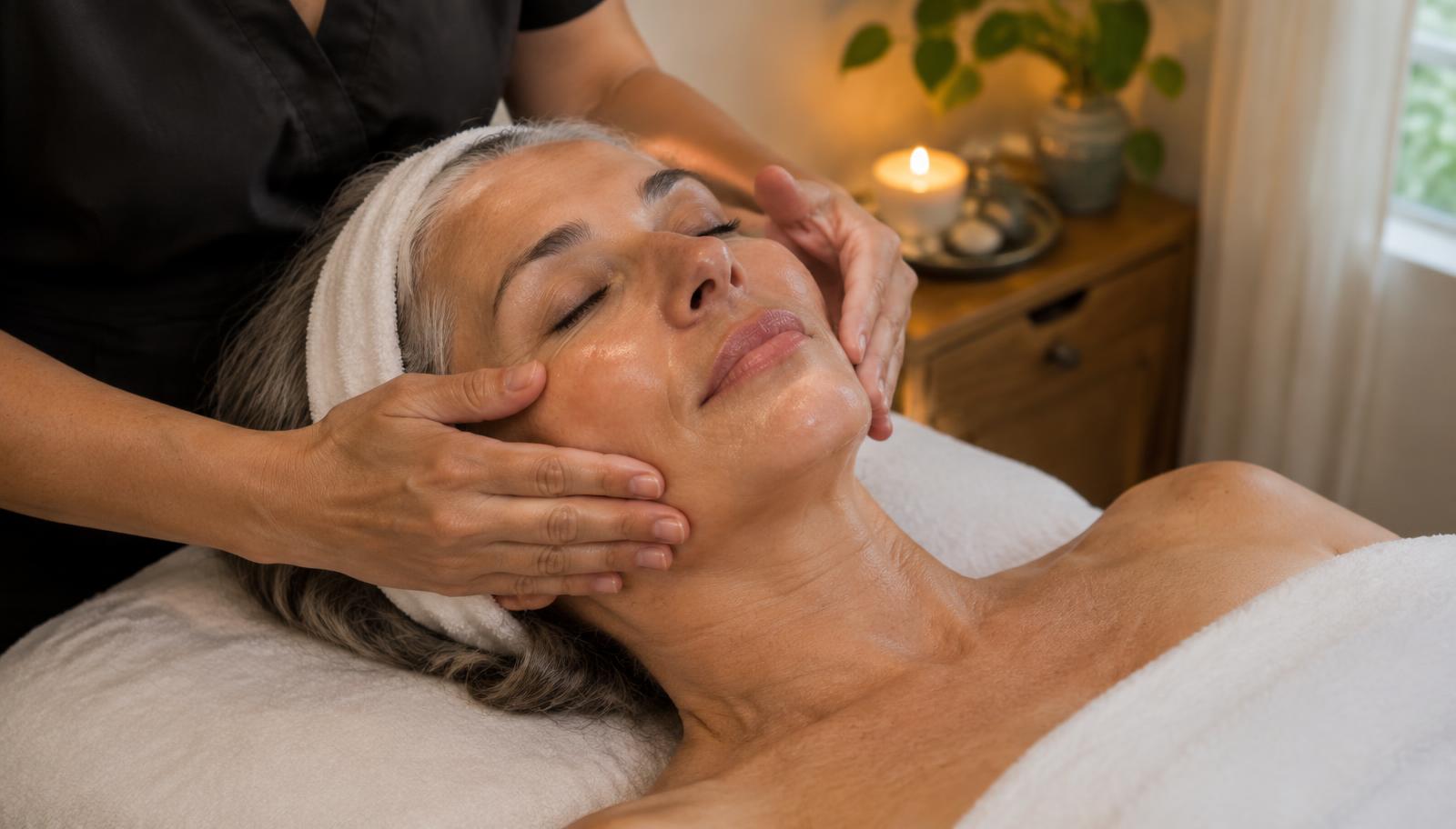 Woman relaxing during a facial, a spa gift card for Mom from Perla Esthetics in Orlando