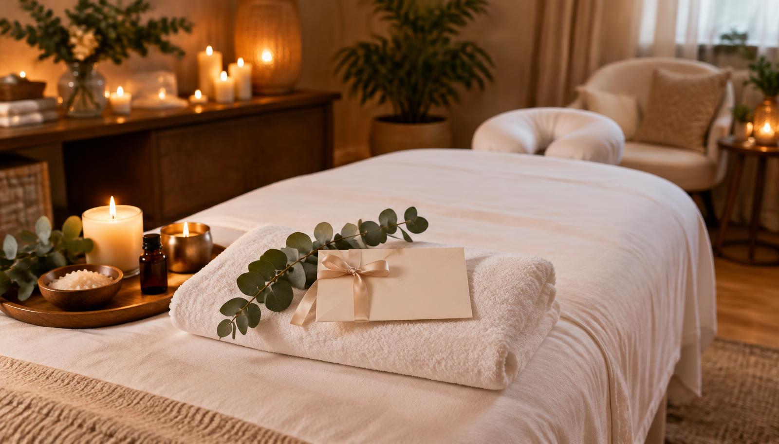 Private spa setup with a gift envelope on a folded towel, spa gift card Orlando